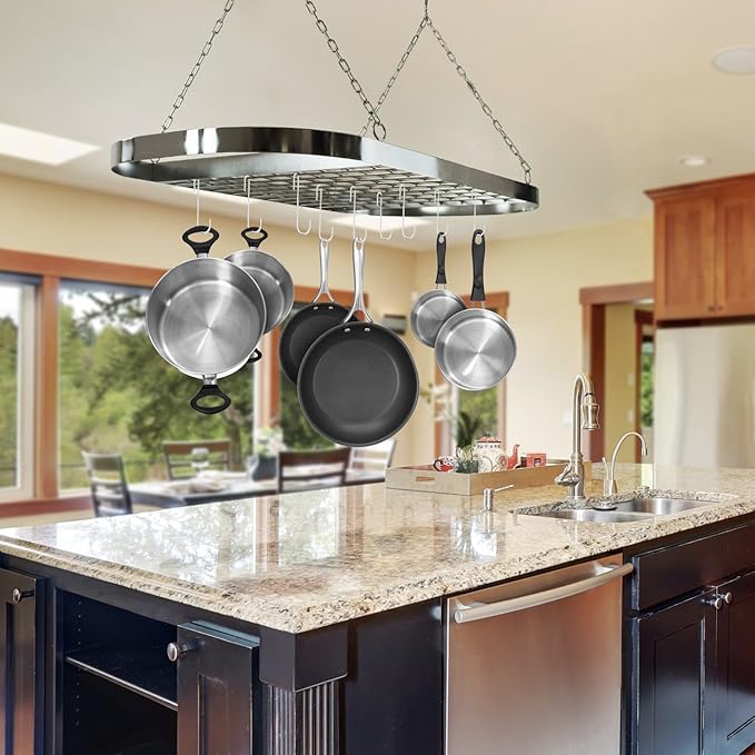 Sorbus® Pot and Pan Rack for Ceiling with Hooks — Decorative Oval Mounted Storage Rack — Multi-Purpose Organizer for Home, Restaurant, Kitchen Cookware, Utensils, Books, Household (Hanging Chrome)-Ruum Studio Home