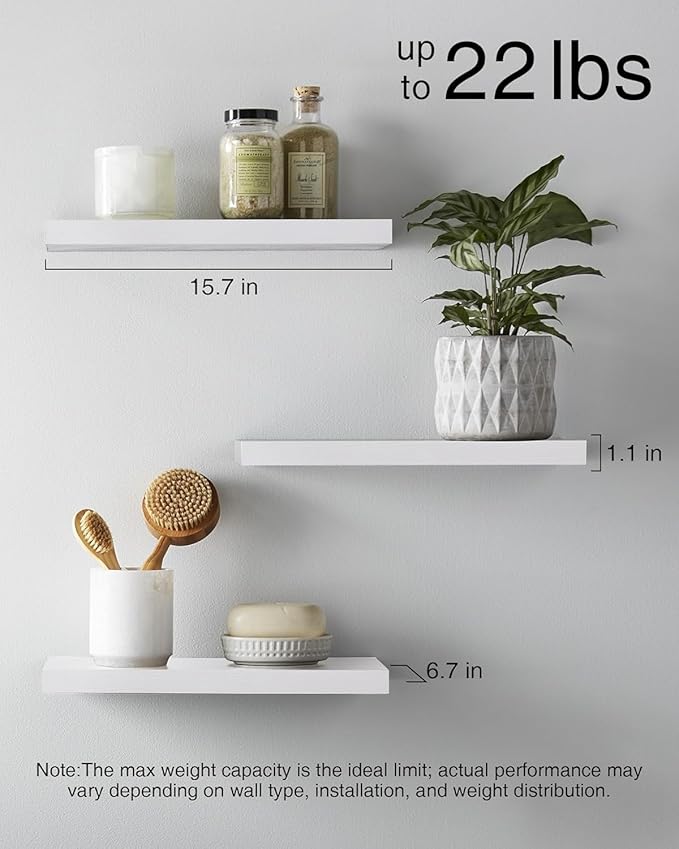 BAYKA Floating Shelves for Wall โ Rustic Wood Wall Shelves with Metal Brackets for Bathroom, Bedroom, Kitchen, or Living Room Decor โ White, Set of 3, Sturdy Storage with 22lb Capacity-Ruum Studio Home