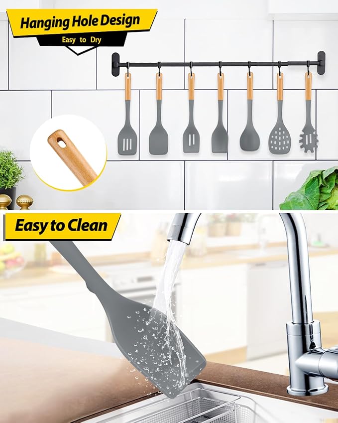 Silicone Kitchen Utensil Set for Non Stick Cookware, 7 Pcs Heat Resistant Cooking Utensils with Wooden Handle, BPA Free Kitchen Tools with Spatulas, Spoons, Skimmer and Pasta Fork (GRAY)-Ruum Studio Home
