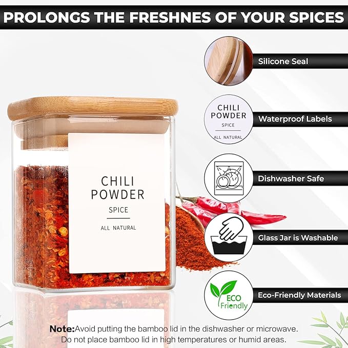 12 Pcs Square Glass Spice Jars with Natural Bamboo Lids - 9oz Airtight Herb Containers with 148 Waterproof Minimalist Spice Labels Preprinted - Empty Small Seasoning Jars for Kitchen Pantry-Ruum Studio Home