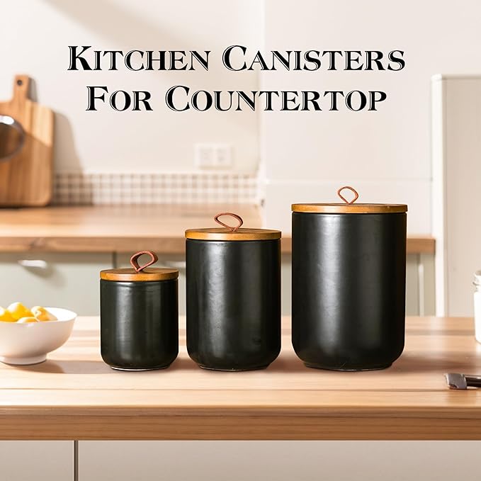 JOJUNO Black Ceramic Canister Set with Wooden Lid, 3-Piece Airtight Food Storage Jars for Kitchen Counter - Flour, Sugar, Coffee, Tea, Spice - Small, Medium, Large Sizes-Ruum Studio Home