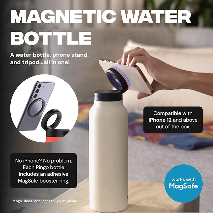 Ringo Insulated Water Bottle - Compatible MagSafe Water Bottle w/Phone Holder -Stainless Steel School Water Bottle w/Magnetic Phone Mount for Kids & Adult-Hot 12H, Cold 24H 360° Rotate - Orange 24oz