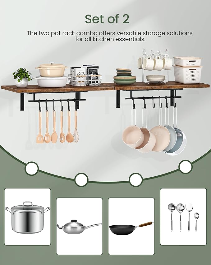 Wall-Mounted Pot Racks, Set of 2 Hanging Pot Rack, Floating Shelves, Wall Shelves, Vintage Pot Hangers for Kitchen, Wall Rack for Kitchen Storage, Rustic Brown and Black TPR26P2BF-Ruum Studio Home