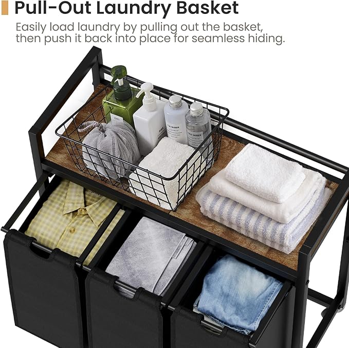 Laundry Hamper, Laundry Basket, Laundry Sorter with 3 Removable Bags, Clothes Basket with 3 Compartments, Wheels, Shelf for Laundry Room Bathroom Bedroom (3 Bags-Black)-Ruum Studio Home