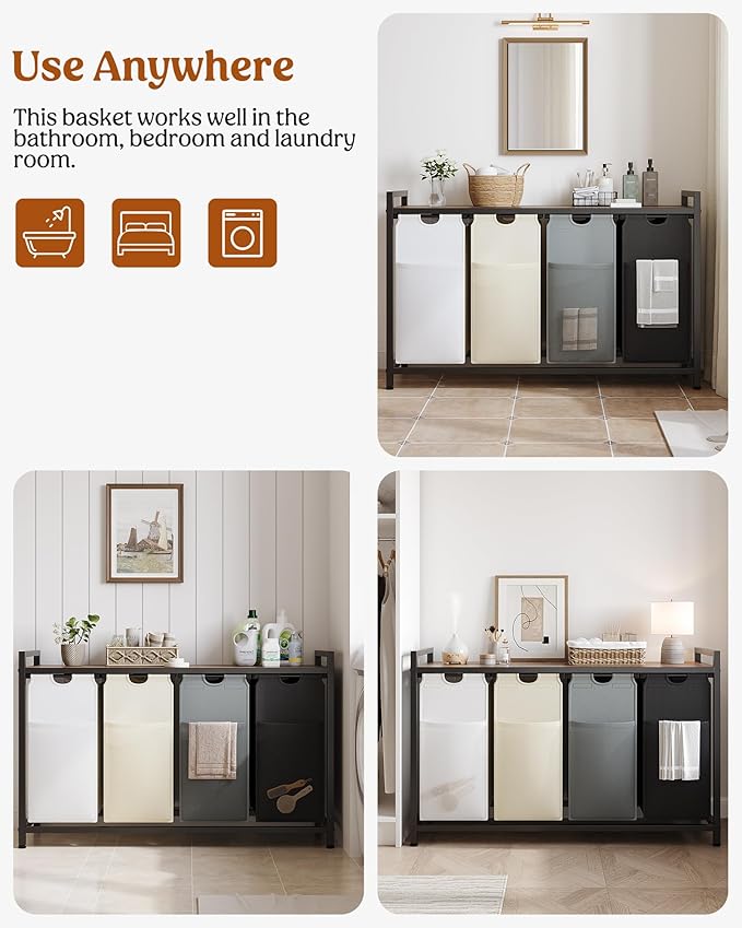 Lulive Laundry Hamper with Shelf, Laundry Basket 4 Section, Laundry Sorter Organizer with Pull-Out Removable Large 4 Color Bags & Large Top Shelf for Laundry Room, Bathroom and Dorm, 4 x 18 Gal (272L)-Ruum Studio Home