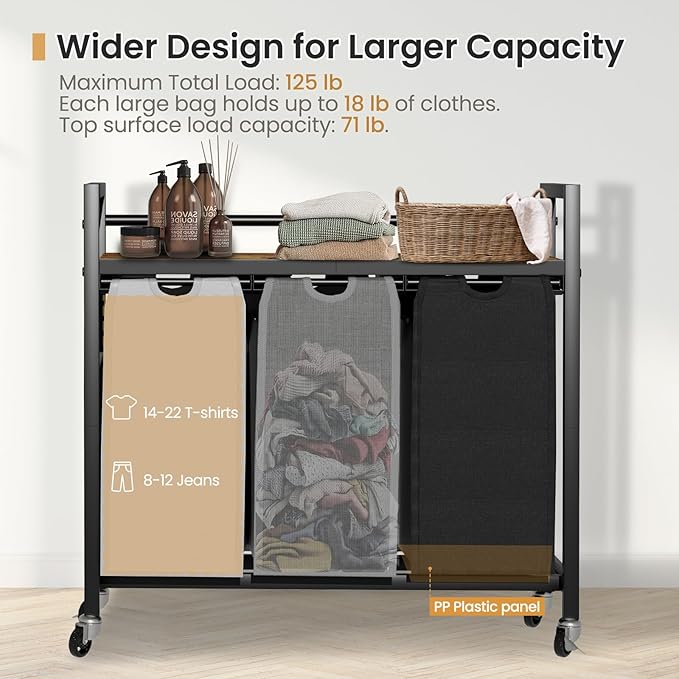 Laundry Hamper, Laundry Basket, Laundry Sorter with 3 Removable Bags, Clothes Basket with 3 Compartments, Wheels, Shelf for Laundry Room Bathroom Bedroom (3 Bags-Black Grey White)-Ruum Studio Home