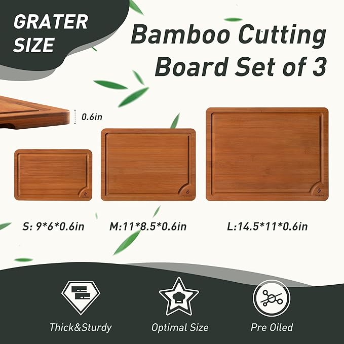 3 Packs Bamboo Cutting Board Set with Non Slip Feet and Over Sink Nice Solid Thick Wood Juice Groove Chopping Board Extra Large Big Small Best Hardwood Counter Organic Vegetable Kitchen Gadgets-Ruum Studio Home