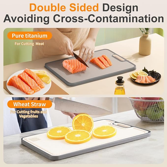 Titanium cutting boards for Kitchen,Double Sided Food Grade,Pure Titanium and Wheat Straw PP, Double Chopping Boards for Meat and Fruits Easy to Clean Size 15’’x10’’-Ruum Studio Home