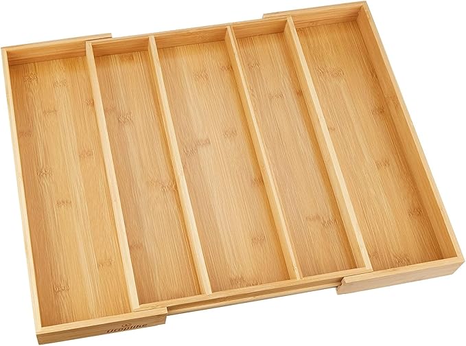 Utoplike Bamboo Expandable Kitchen Drawer Organizer, Adjustable Utensil Holder and Cutlery Tray Organiser, Drawer Divider for Silverware, Flatware, Knives in Kitchen, Bedroom, Living Room, 5 Slot-Ruum Studio Home