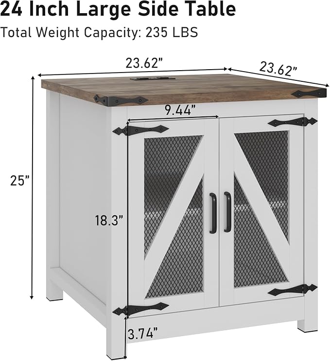 Farmhouse End Table, 24" Large Sofa Side Table with Charging Station, Mesh Barn Door, and Adjustable Storage Shelf, Rustic Wood Square Nightstand for Living Room, Bedroom, Office, White &Brown-Ruum Studio Home