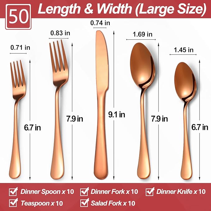 50 Pcs Rose Gold Silverware Set for 10, Food Grade Stainless Steel Flatware Set, Eating Utensils Sets Include Fork/Knife/Spoon,Home Kitchen Tableware Set, Reusable Cutlery Set, Dishwasher Safe-Ruum Studio Home