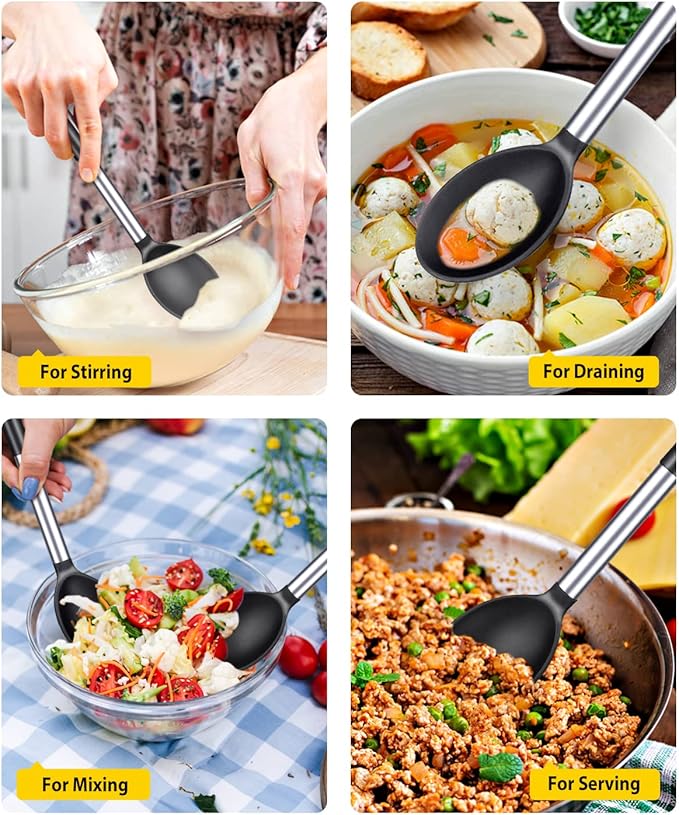 Pack of 2 Large Silicone Cooking Spoons,Non Stick Solid Basting Spoon,Heat-Resistant Kitchen Utensils for Mixing,Serving,Draining,Stirring (BLACK)-Ruum Studio Home