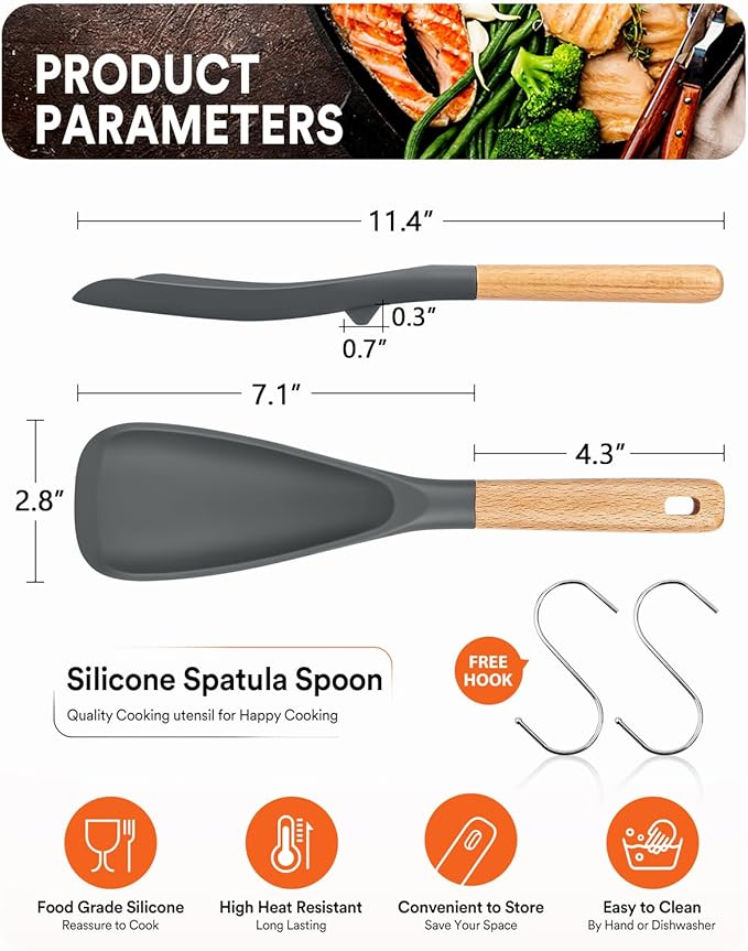 Cooking Spoon for Nonstick Cookwares, Great for Cooking and Serving Sturdy BPA-Free Matte Silicone, Wood Handle Spoon for Mixing, Scoop, and Scrape (2 Pack of Grey, 11.4 inch)-Ruum Studio Home