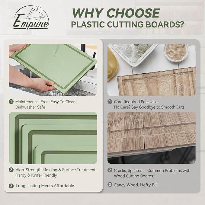 Empune Plastic Cutting Board Set, Recycled Plastic Cutting Boards for Kitchen (Set of 3), Dishwasher Safe Large Chopping Board with Holder, Non-slip Feet and Juice Grooves, Nonporous, Green-Ruum Studio Home