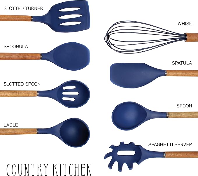 Country Kitchen Non Stick Silicone Utensil Set with Rounded Wood Handles for Cooking and Baking, 8 Piece Set, Navy-Ruum Studio Home