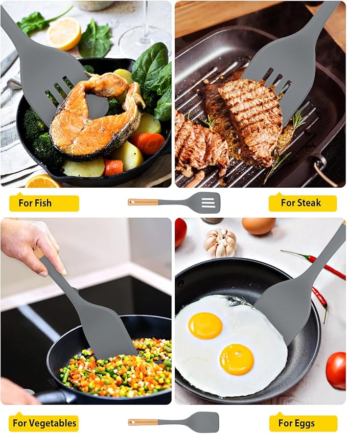 Pack of 2 Large Silicone Spatula, Heat Resistant Solid Turner, Non Stick Slotted Spatulas with Wooden Handle, Ideal Kitchen Utensils for Flipping, Pancakes, Eggs, Fish(GRAY)-Ruum Studio Home