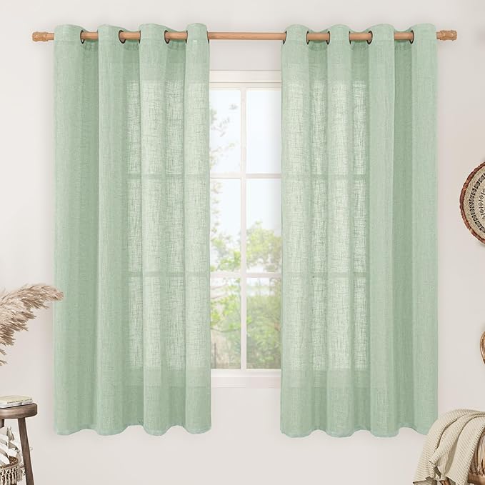 LAMIT Sheer Linen Curtains 63 Inch for Bedroom, Light Filtering Neutral Semi Sheer Farmhouse Boho Curtains Bronze Grommet Living Room Panels, Fresh Green, 2 Panels, 52 x 63 Inch-Ruum Studio Home