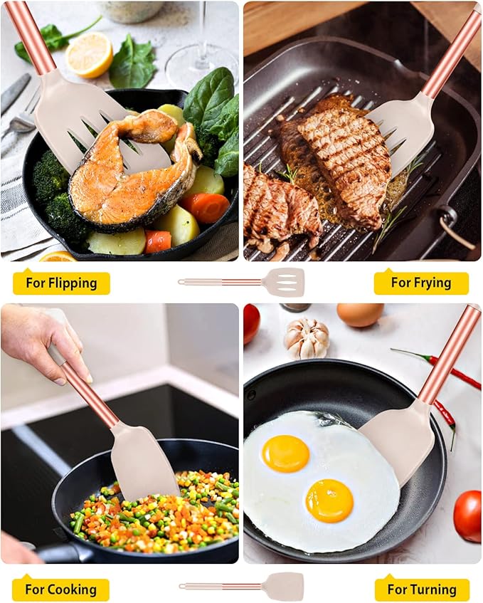Pack of 2 Silicone Solid Turner, Non Stick Slotted Kitchen Spatulas, High Heat Resistant BPA Free Cooking Utensils, Ideal Cookware for Fish, Eggs, Pancakes(Rose Gold Khaki)-Ruum Studio Home