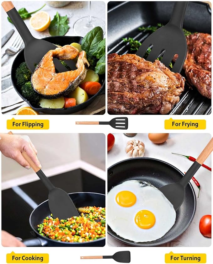 Pack of 2 Silicone Cooking Spatula, Heat Resistant Solid Turner, Non Stick Slotted Spatulas with Wooden Short Handle,Ideal Wood Kitchen Utensils Set for Frying, Baking, Flipping, Turning-Ruum Studio Home