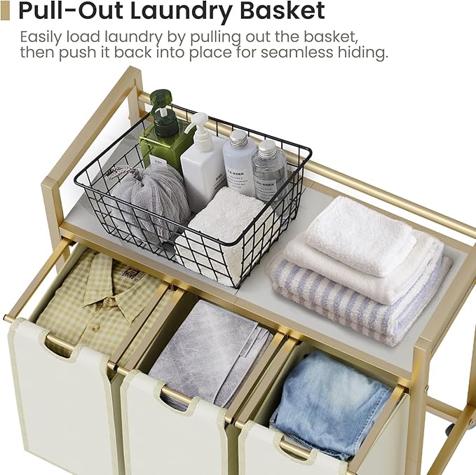 Laundry Hamper, Laundry Basket, Laundry Sorter with 3 Removable Bags, Clothes Basket with 3 Compartments, Wheels, Shelf for Laundry Room Bathroom Bedroom (3 Bags-Golden)-Ruum Studio Home