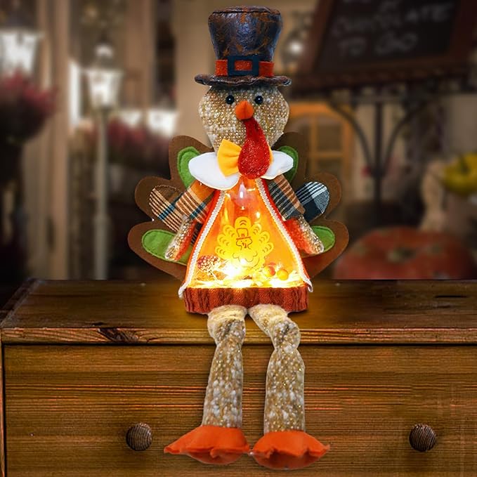 Lighted Christmas Doll, Plush Light Up Christmas Doll Toy Holiday Present, Battery Operated Xmas Gifts Winter Mantle Tabletop Decor (Brown Thanksgiving Turkey 16in)-Ruum Studio Home