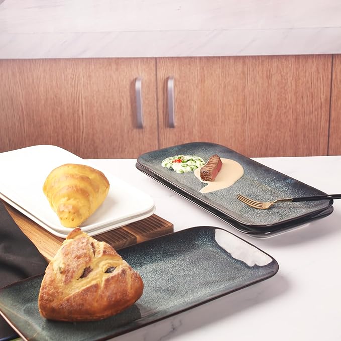 Serving Platters Set of 4, Rectangular Serving Plates, Serving Trays for Entertaining Party, Microwave,Oven,Dishwasher Safe,Kitchen Dinnerware, Blue reactive glaze 12.7 Inch-Ruum Studio Home