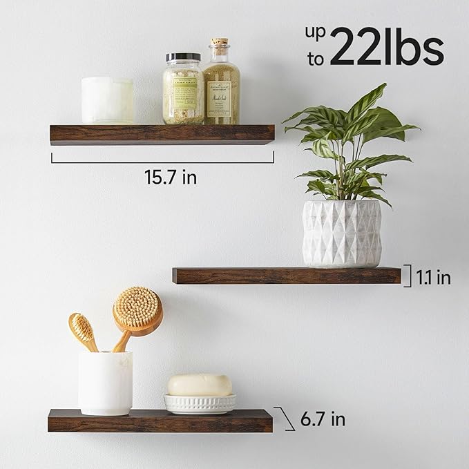 BAYKA Bathroom Floating Shelves for Wall โ Bathroom Shelf Over Toilet Farmhouse Rustic Wood for Bedroom, Kitchen, or Living Room Decor โ Rustic Brown, Set of 3, Sturdy Storage with 22lb Capacity-Ruum Studio Home