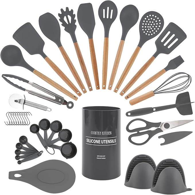 Country Kitchen Non Stick Silicone Utensil Set with Rounded Wood Handles for Cooking and Baking, 38 Piece Set, Gray-Ruum Studio Home
