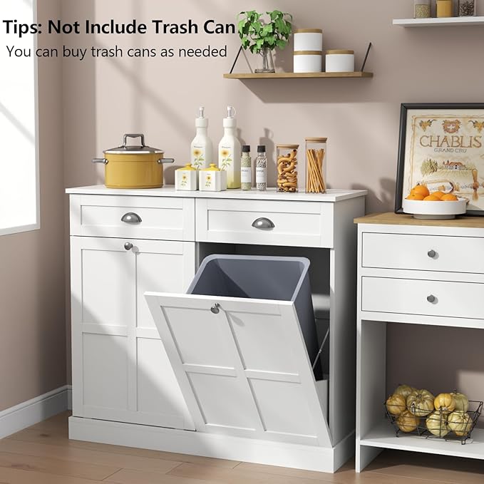 Loomie Double Tilt Out Laundry Hamper Cabinet, Hidden Laundry Cabinet with 2 Drawers & 2 Baskets, 30 Gallon Trash Can for Bathroom, Kitchen, White-Ruum Studio Home