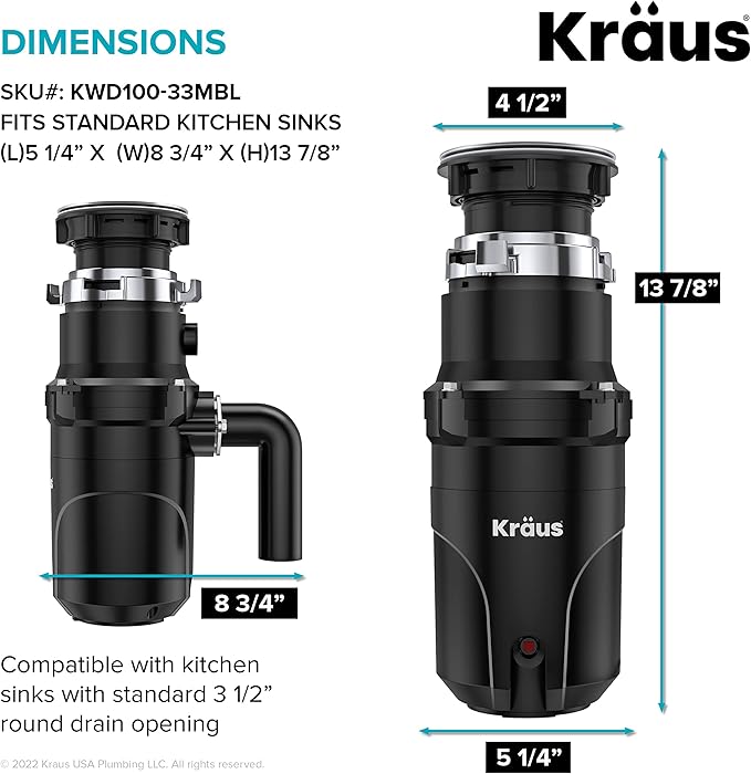 KRAUS WasteGuard 1/3 HP Ultra-Quiet Garbage Disposal with Quick Connect, Kitchen Sink Drain Cover, Power Cord and Flange Included, KWD100-33MBL-Ruum Studio Home