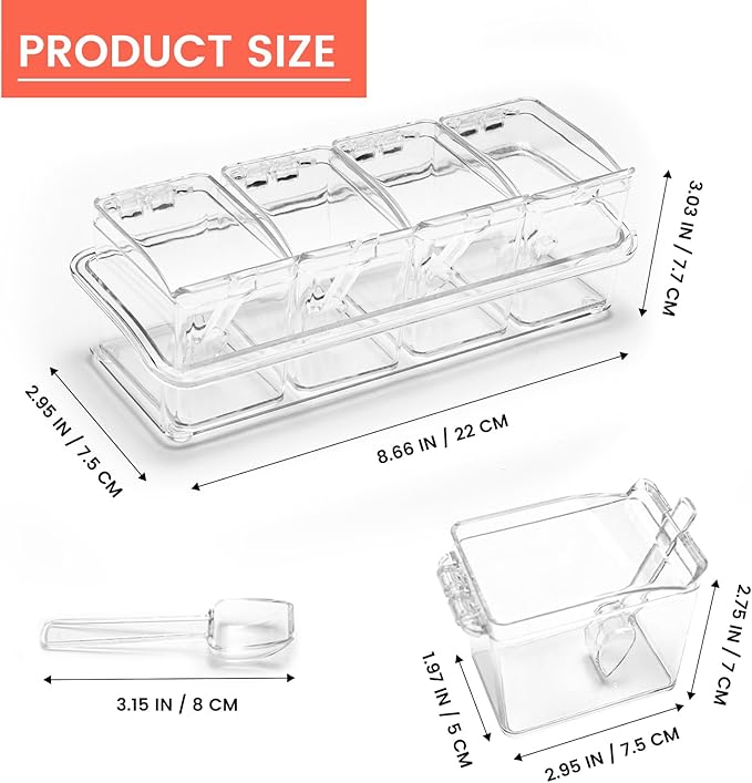Clear Seasoning Box, 4 Piece Seasoning Rack Spice Pots, Plastic Storage Container Condiment Jars with Lids and Spoon, Storage Container Spice Jar for Salt Sugar Tea Herbal Coffee Beans-Ruum Studio Home