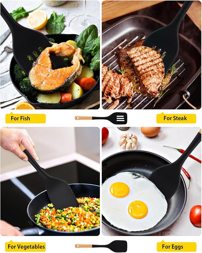 Pack of 2 Large Silicone Spatula, Heat Resistant Solid Turner, Non Stick Slotted Spatulas with Wooden Handle, Ideal Kitchen Utensils for Flipping, Pancakes, Eggs, Fish(BLACK)-Ruum Studio Home
