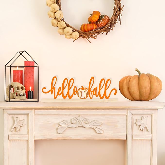COCHIE Metal Hello Fall Sign, Orange Fall Decorations for Home, Office, Shelf, Mantel, Indoor, Autumn Decoration, Pumpkin Decor (Autumn B)-Ruum Studio Home