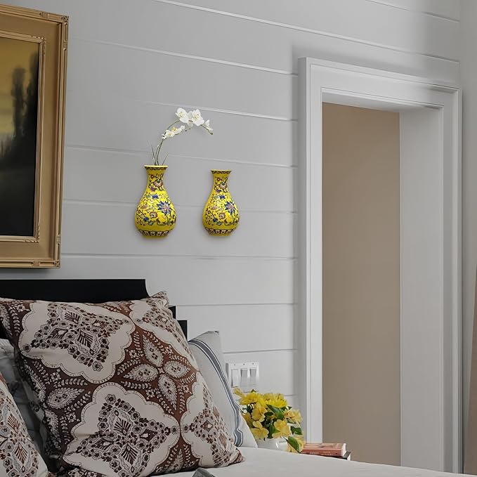 Set of Two Handmade Chinese Blue & White Porcelain Wall Mounted Vases – Chinoiserie Ceramic Flower Vase for Indoor Home Décor, Wall Hanging Vases for Living Room & Bookshelf-Ruum Studio Home