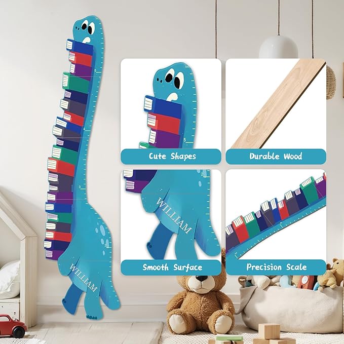 Personalized Name Growth Chart for Wall, Dinosaur Book Wooden Growth Chart Kids Height Chart, Wall Measurement for Kids, Height Chart for Wall, Growth Ruler for Toddler Playroom Decor-Ruum Studio Home