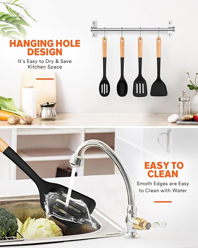 Silicone Cooking Utensils Set, Perfectly Angled for Frying, Mixing,Serving,Draining,Turning and Stirring, BPA-Free Matte Silicone, Wood Handles, Safe for Nonstick Cooking Surfaces,4 Pack (Black)-Ruum Studio Home