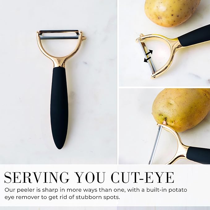 Black and Gold Kitchen Utensils - Luxe 8-Piece Gold Kitchen Tools Set with Can Opener, Pizza Cutter, Peeler, Mini Whisk, and Tongs - Stylish Accessories for Modern Cooking and Ideal for Gifting-Ruum Studio Home