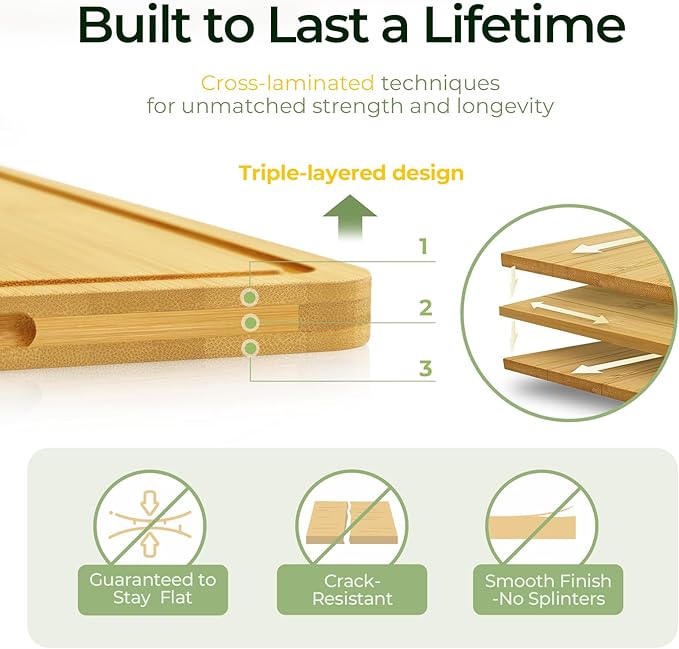 Wood Cutting Board for Kitchen - Reversible Bamboo Cutting Boards Gift Set of 3 with Juice Groove, Wooden Chopping Board for Meat, Fruit, Vegetables & Cheese (Pre Oiled, Natural)-Ruum Studio Home