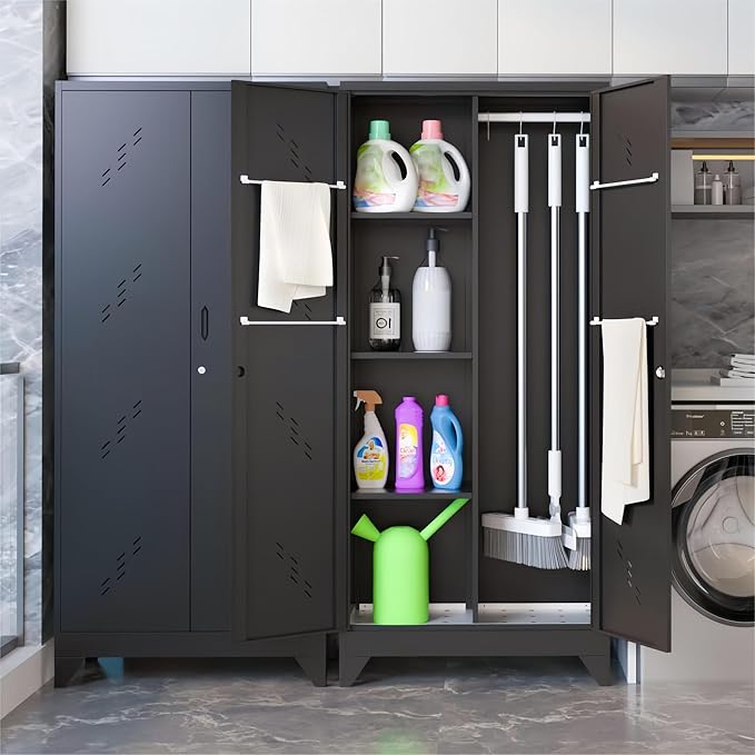 71" Broom Closet Cabinet with Hanging Rod, Tall Black Metal Storage Cabinet for Bathroom, Utility Room, and Garage-Ruum Studio Home