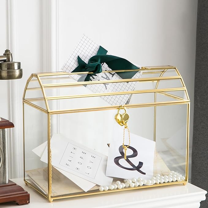 Wedding Card Box with Slot, 12.2'' Large Glass Card Boxes for Reception, Gold Card Holder, Clear Decorative Storage Box with Lock for Baby Shower, Birthday Party, Christmas, Bridal Shower-Ruum Studio Home