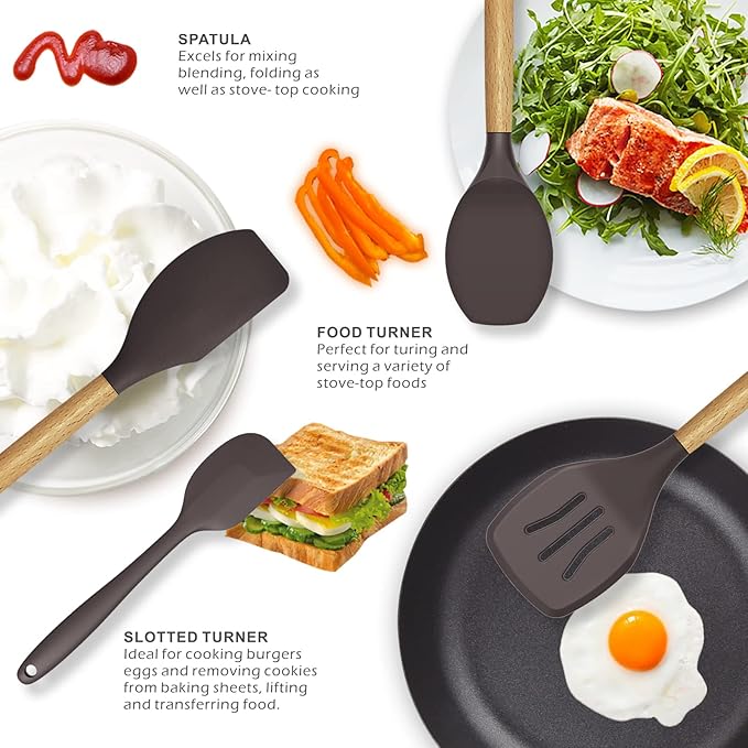 Silicone Cooking Utensils Set - 446°F Heat Resistant Silicone Kitchen Utensils for Cooking,Kitchen Utensil Spatula Set w Wooden Handles and Holder for Non-Stick Cookware, BPA FREE (Coffee)-Ruum Studio Home