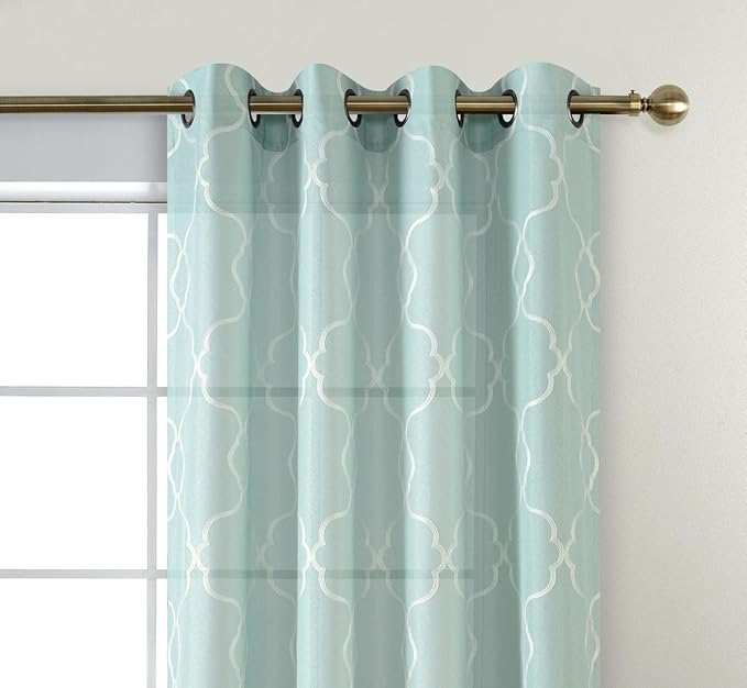 MIUCO Moroccan Embroidered Semi Sheer Curtains Faux Linen Grommet Window Panel Pair for Kitchen 52 x 63 Inch, Subtle Green-Ruum Studio Home