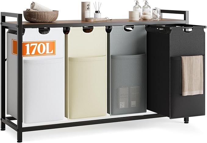Lulive Laundry Hamper with Shelf, Laundry Basket 4 Section, Laundry Sorter Organizer with Pull-Out Removable Large 4 Color Bags & Large Top Shelf for Laundry Room, Bathroom and Dorm, 4 x 18 Gal (272L)-Ruum Studio Home