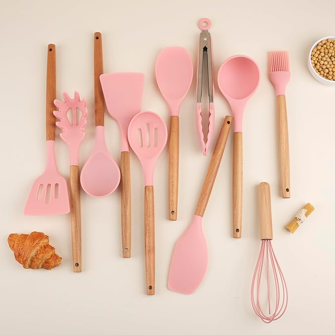 Silicone Cooking Utensils Set, Premium Beech Wood Handle Kitchen Gadgets Utensil Set, Non-Stick Kitchen Utensils Spatula, Tongs, Turner, Whisk, Brush, Spoon, BPA FREE, 446°F Resistant (Pink)-Ruum Studio Home
