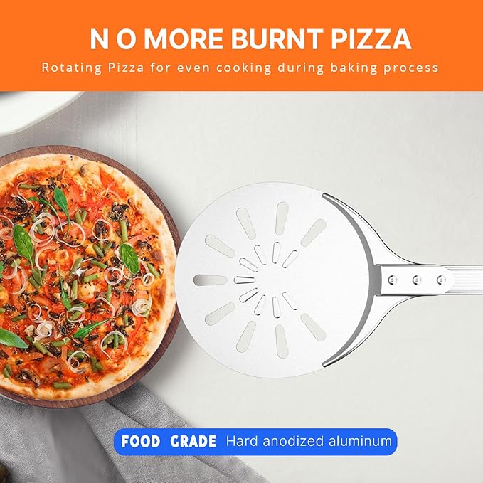 Pizza Turning Peel, 8-inch Pizza Peel Turner Spinner, Long Handle Perforated Aluminum Pizza Peel with Silicone Hook, Pizza Oven Accessories-Ruum Studio Home