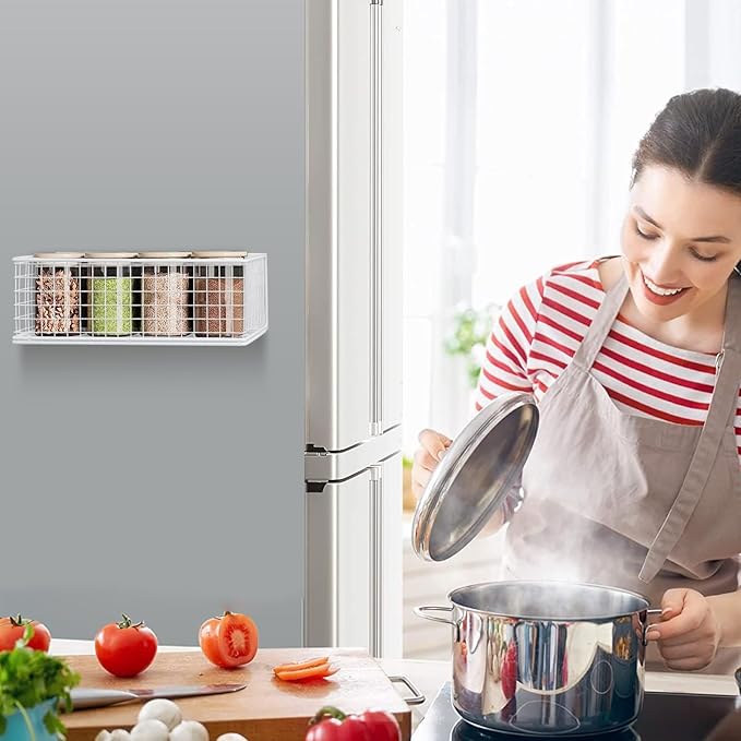 Magnetic Stotage Basket, Magnetic Shelf for Fridge, Magnetic Spice Rack Wire Mesh Magnetic Organizer Holder Accessories for Office Kitchen Classroom Storage,White, 9.44" x 4" x 3.14"-Ruum Studio Home