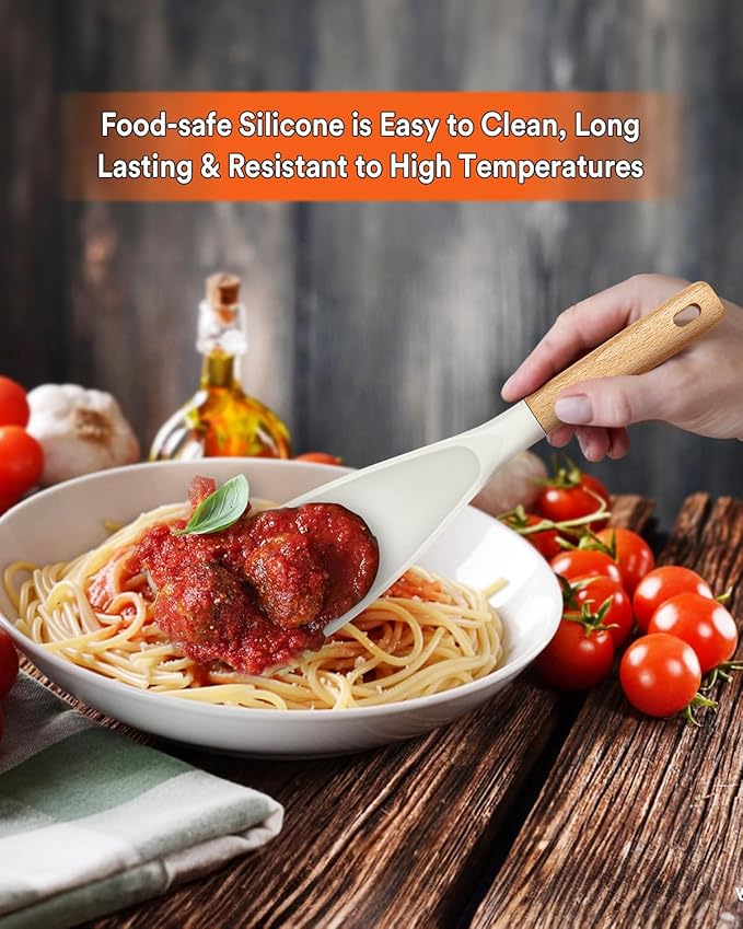 Cooking Spoon for Nonstick Cookwares, Great for Cooking and Serving Sturdy BPA-Free Matte Silicone, Wood Handle Spoon for Mixing, Scoop, and Scrape (Black & White, 11.4 inch)-Ruum Studio Home