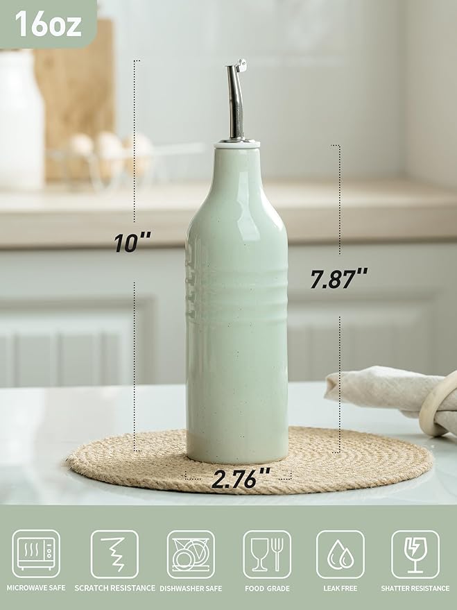 famiware Jupiter 16oz Ceramic Olive Oil Dispenser Bottle, 1 Piece Oil Dispenser for Kitchen with Stainless Steel Pourers, Suitable for Storage Vinegar, Soy Sauce, Coffee Syrup, Light Green-Ruum Studio Home