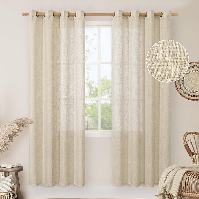 LAMIT Semi Sheer Linen Curtains for Living Room, 80 Inch Length Light Filtering Panels Bronze Grommet Faux Linen Textured Window Drapes for Bedroom/Porch, Linen, 52 x 80 Inch, 2 Panels-Ruum Studio Home