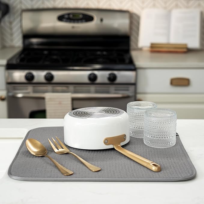 S&T INC. Dish Drying Mat, 16” x 18”, Absorbent Microfiber Kitchen Counter Mat, Dish Drying Pad for Dishes, Utensils, Pots and Pans, Large, Grey-Ruum Studio Home
